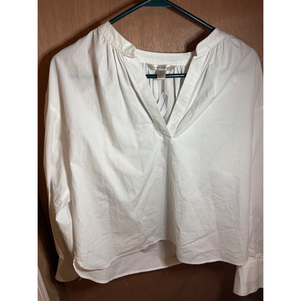 Banana Republic White Cotton Poplin Blouse Small V-Neck Puff Sleeve Peasant Top